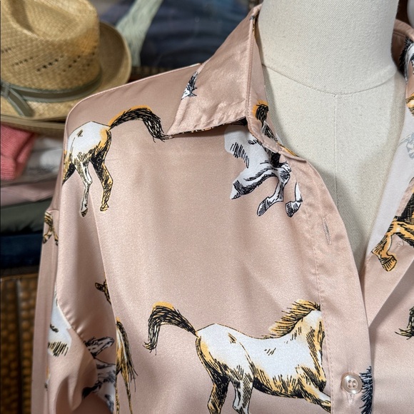 Mazik Beige and Yellow Horse Satin Blouse - Picture 4 of 6